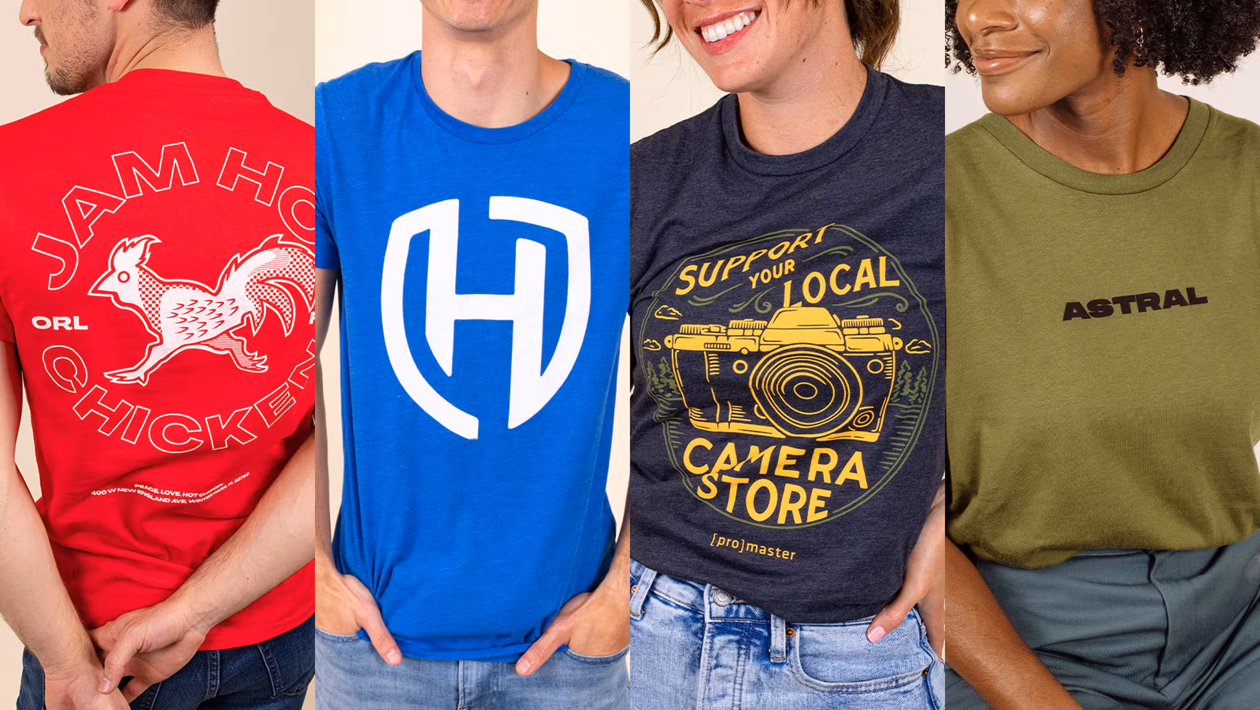 four images put together to show red, blue, yellow, and green t-shirts