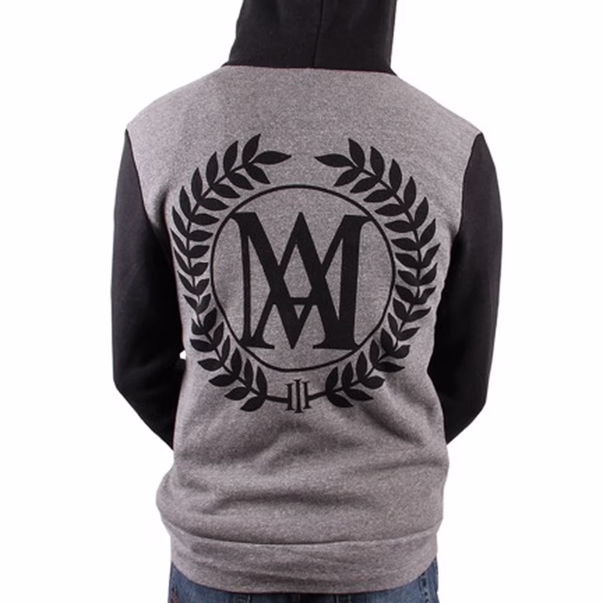 back of a gray and black zip-up hoodie