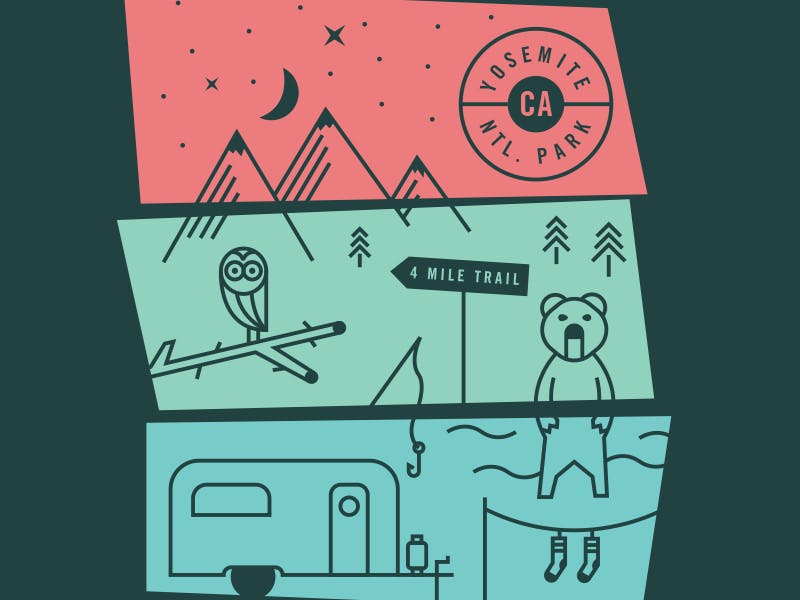 close up of a design with icons of camping printed in blocks of blue, green, and red close up of a design with icons of camping printed in blocks of blue, green, and red