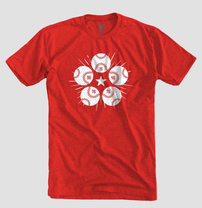 red t-shirt with baseballs printed on it red t-shirt with baseballs printed on it