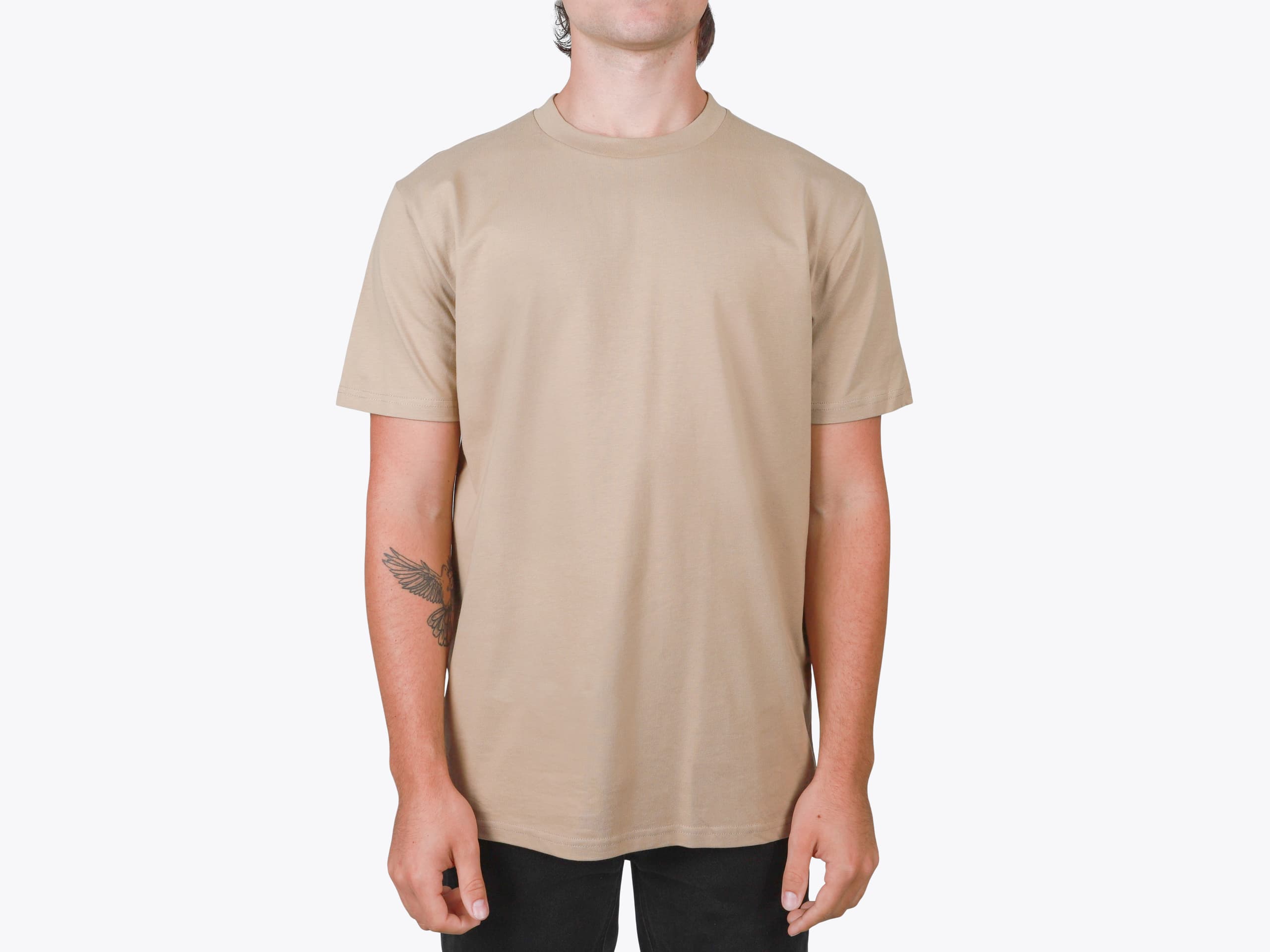 AS Colour 5026 Classic Tee in Sand (model:male, size:medium, view:front)