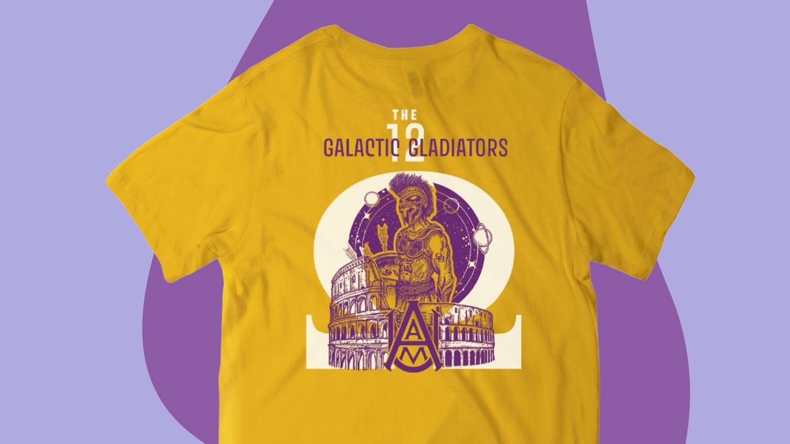 Yellow shirt with purple gladiator against a white omega symbol against a purple background Yellow shirt with purple gladiator against a white omega symbol against a purple background