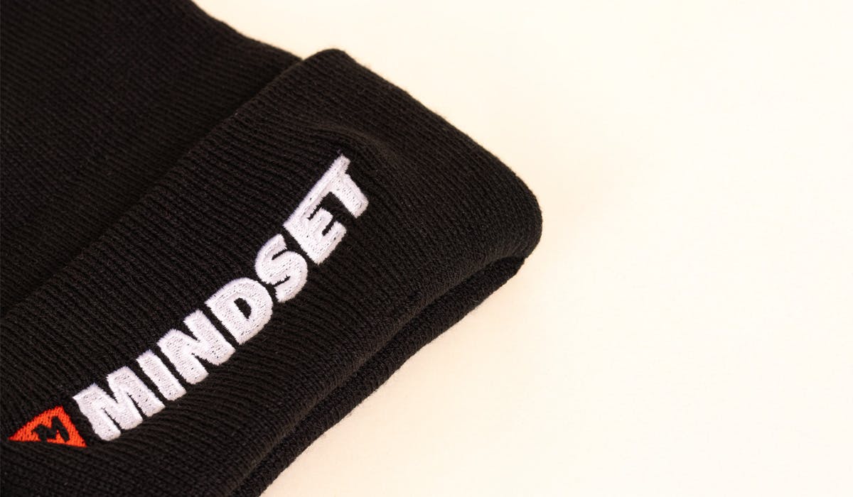 close up of an embroidered beanie close up of an embroidered beanie