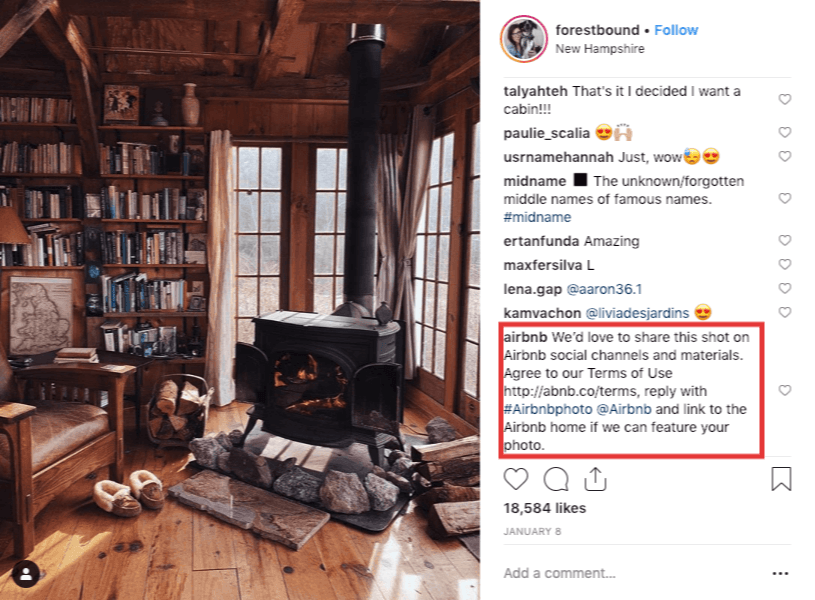 instagram post example with comment from AirBnB instagram post example with comment from AirBnB